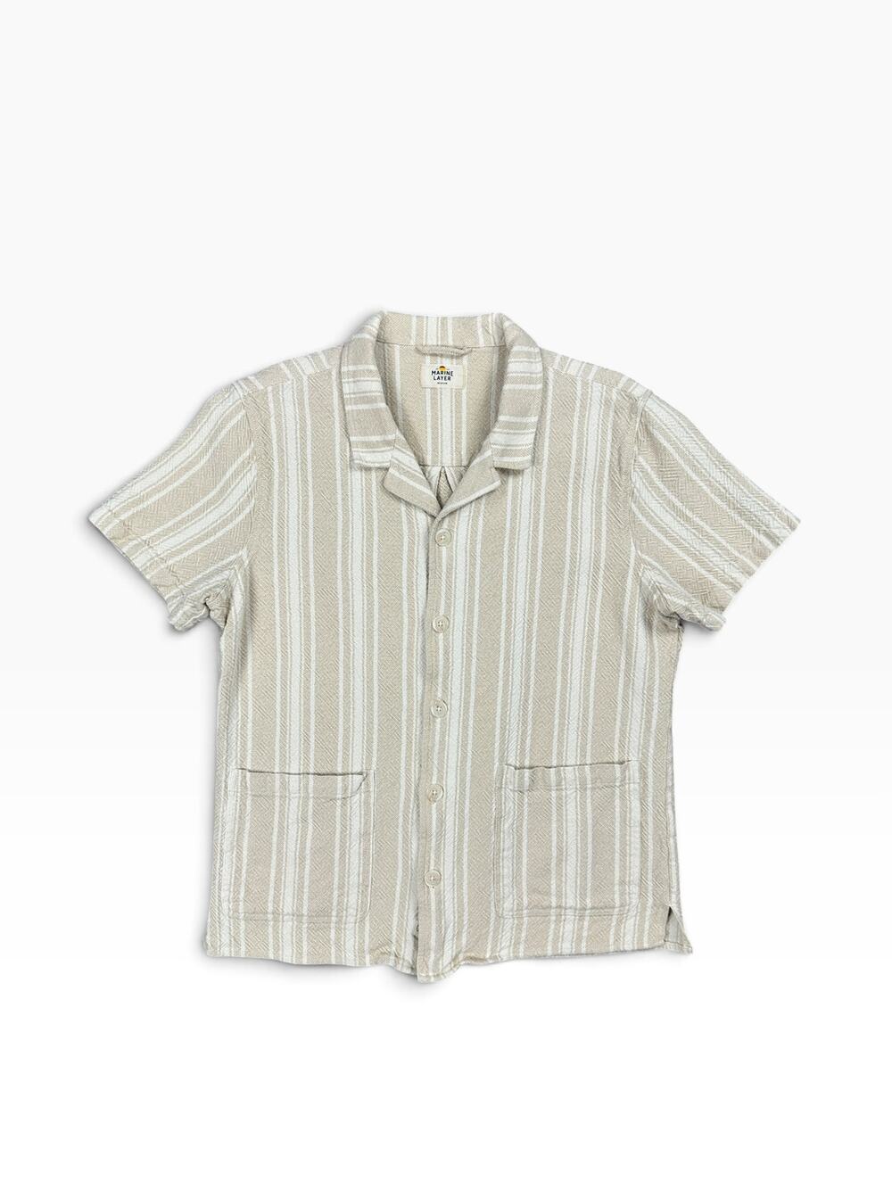 Marine Layer Natural Vertical Stripe Short Sleeve Woven Camp Shirt Natural — Med